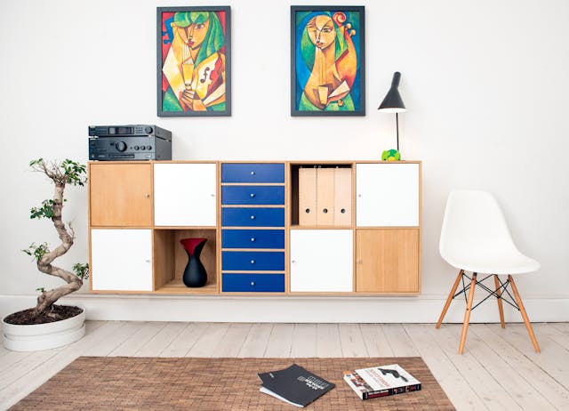 white interior with charis and shelf